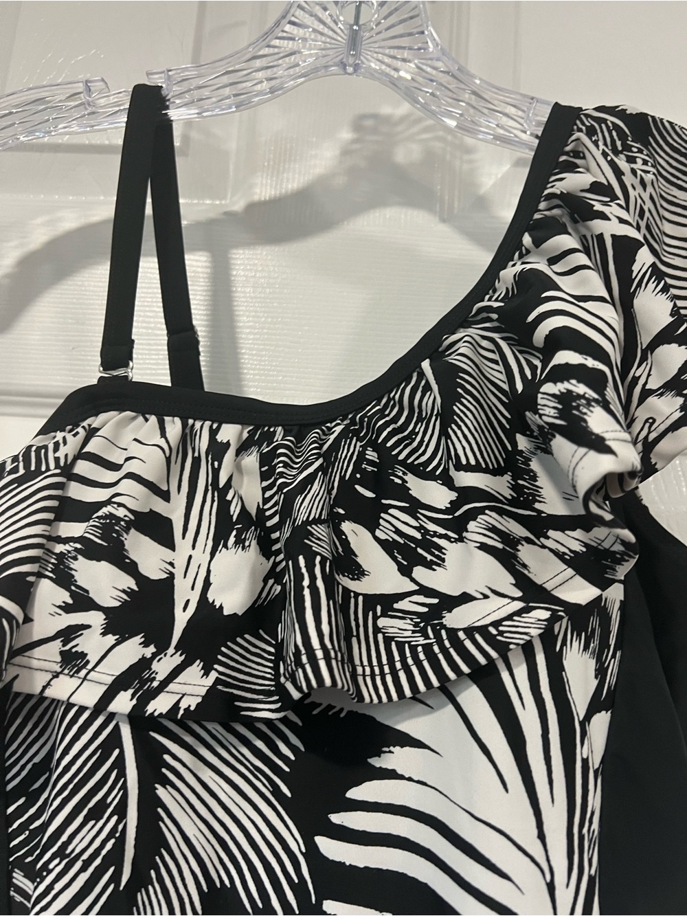 One-Shoulder Black & White Ruffle Swim Dress - Picture 3 of 5